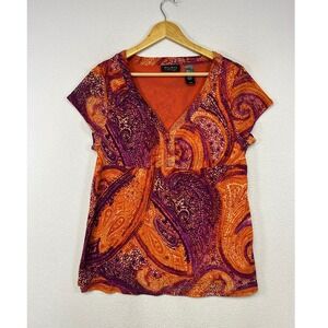 Boho Y2K Axcess Women Large Orange Purple Paisley Mesh Cap Sleeve V-Neck Blouse